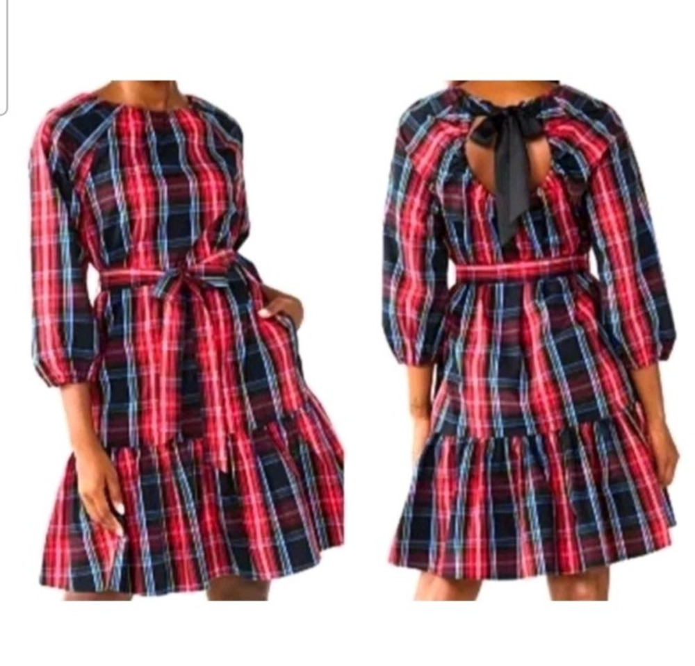 Draper James RSVP Women's Med Tartan Plaid Ruffle Hem Dress Preppy Bow Back EUC